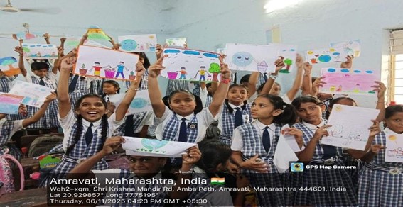 Students proudly displaying their creative drawings