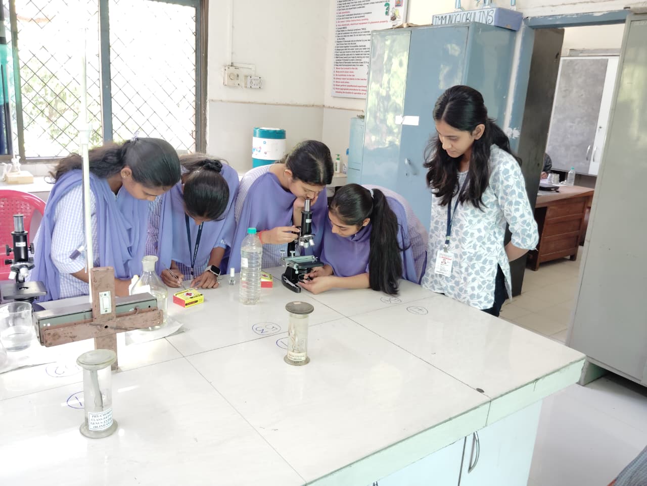 Precision in practice. Using high-powered microscopes, students examine the medullary patterns and cuticular scales of various wild animal hairs to determine species-specific characteristics.